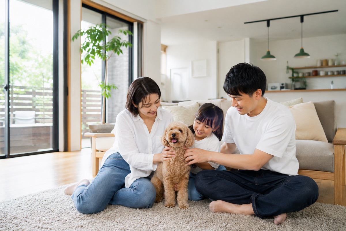 きれいな空気のリビングで、子どもとペットと一緒にくつろぐ家族