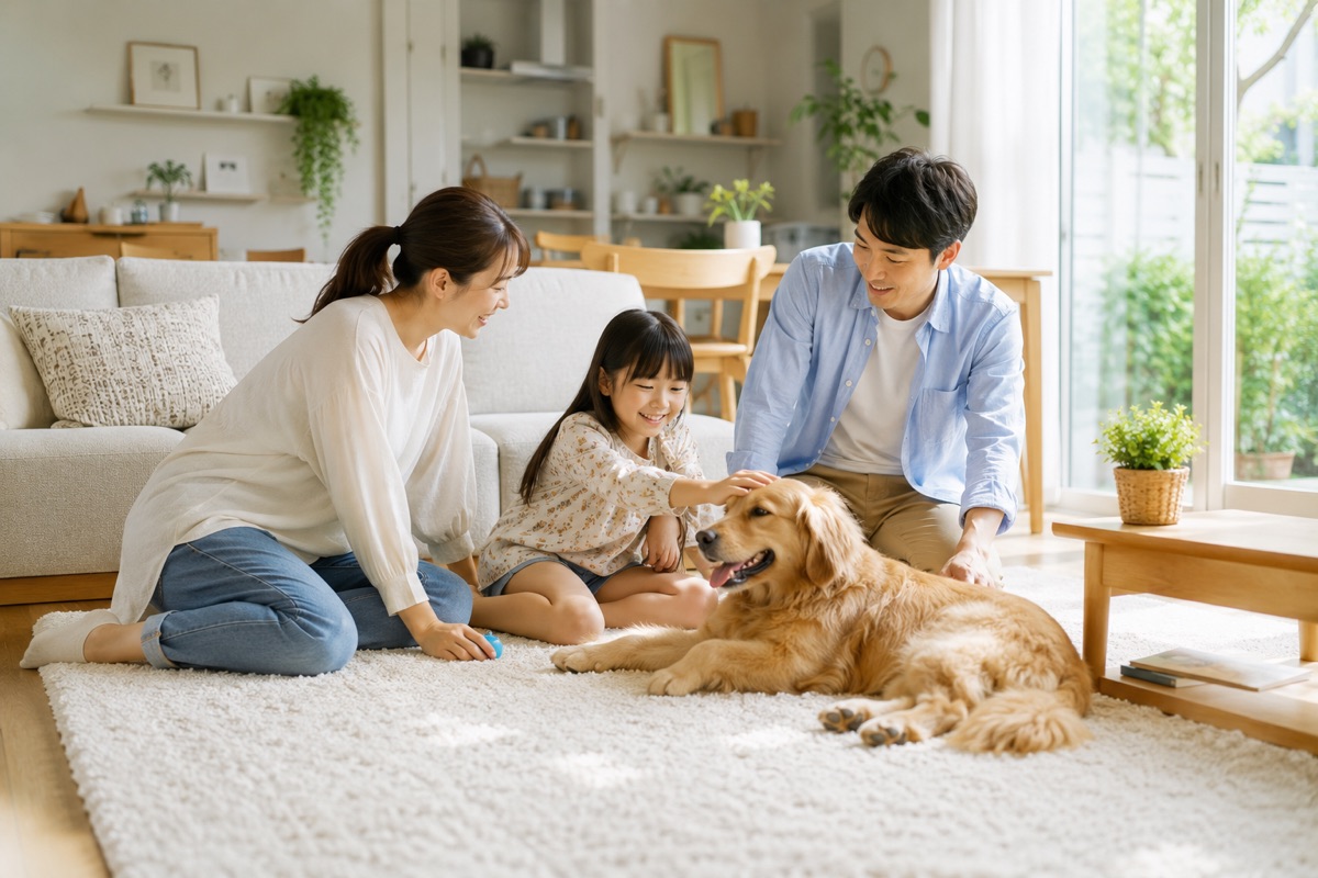 清潔なエアコンのあるリビングで過ごす家族と子どもとペット