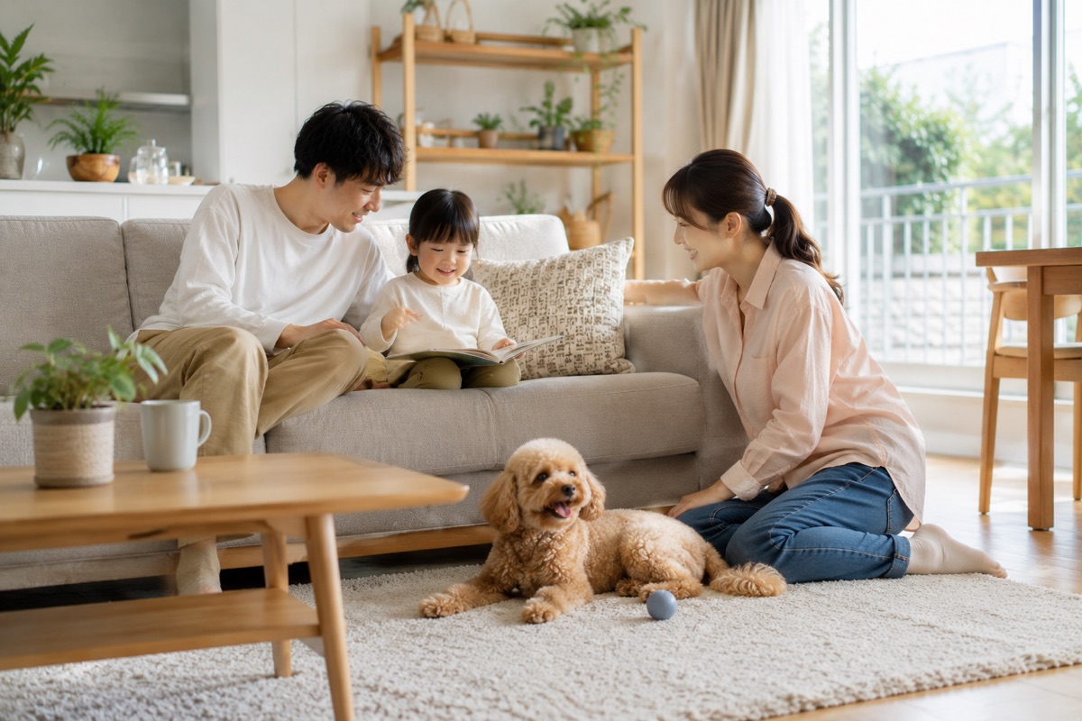 快適な空気の室内でくつろぐ家族と子どもとペット
