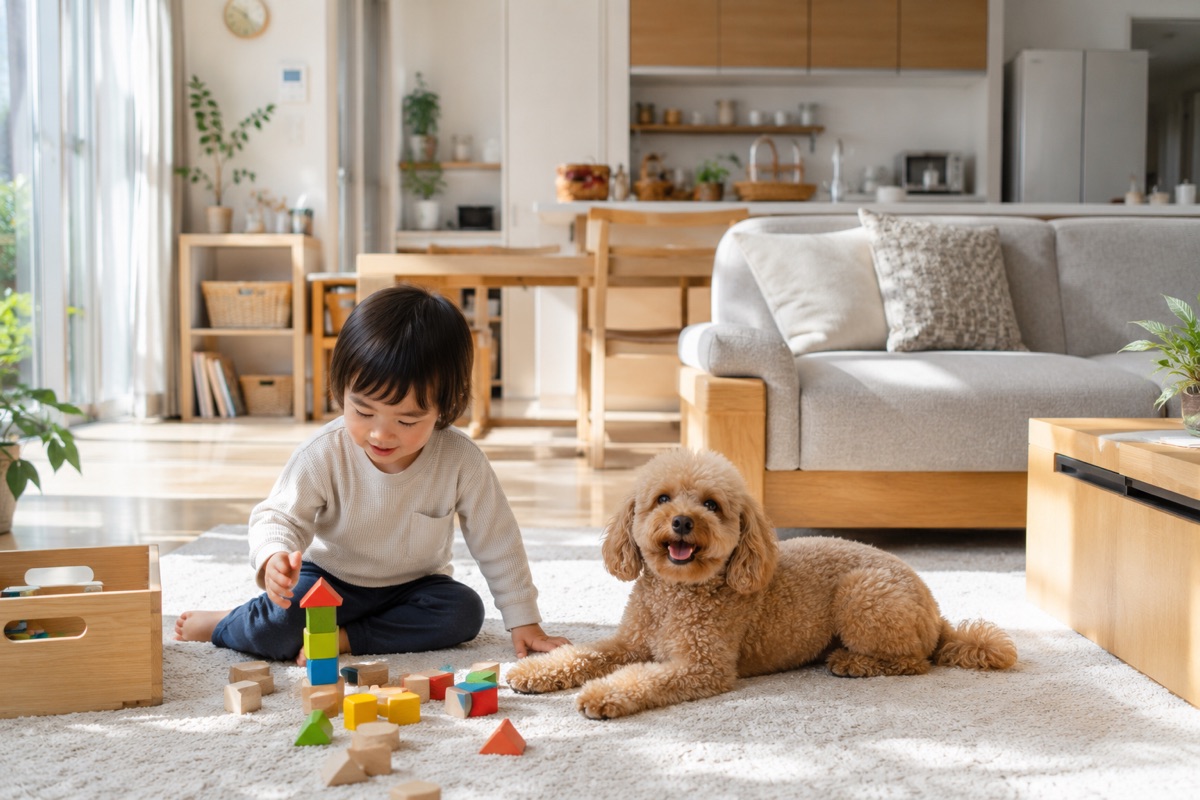 きれいな空気のリビングで、子どもとペットが安心して過ごす様子